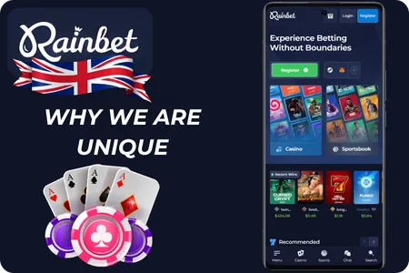 Rainbet unique features: poker chips, playing cards, and app interface showing games and promotions