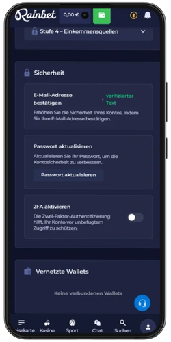 Rainbet Sicherheitsseite zeigt die erfolgreiche E-Mail-Verifizierung des Spielerkontos für Deutschland
