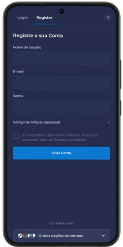 Formulário de registo do Rainbet com opções de criação de conta por e-mail, Google ou Steam