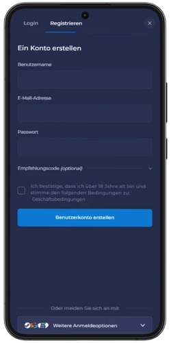 Rainbet Registrierungsformular mit Optionen zur Kontoerstellung per E-Mail, Google oder Steam sowie Empfehlungscode-Feld